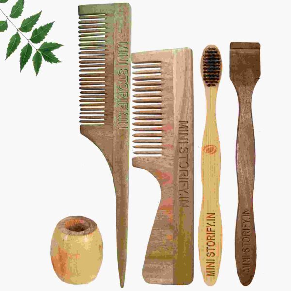 1.Neem.Handle.&.1.Tail.Comb.1.Adult.bamboo toothbrush1.Neem.tongue.Cleaner1.Bamboo.brush.stand