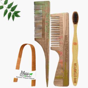 1 Neem Handle & 1 Tail Comb 1 Adult bamboo toothbrush1 Bamboo tongue cleaner