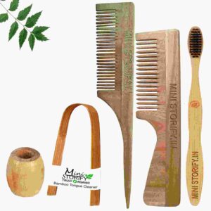 1 Neem Handle & 1 Tail Comb 1 Adult bamboo toothbrush1 Bamboo tongue cleaner1 Bamboo brush stand