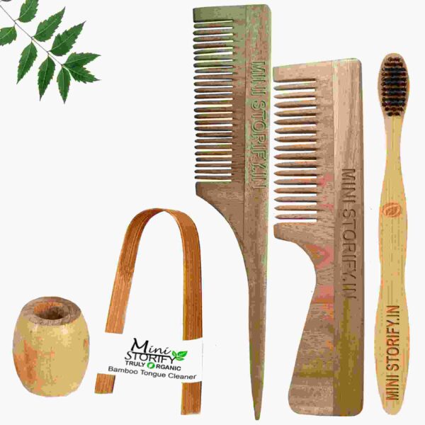 1.Neem.Handle.&.1.Tail.Comb.1.Adult.bamboo toothbrush1.Bamboo.tongue.cleaner1.Bamboo.brush.stand