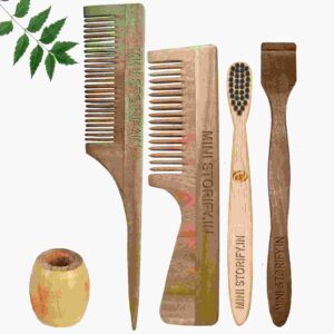 1 Neem Handle & 1 Tail Comb 1 Kids bamboo toothbrush1 Neem tongue Cleaner1 Bamboo brush stand