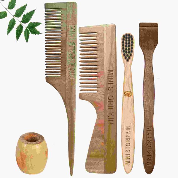 1.Neem.Handle.&.1.Tail.Comb.1.Kids.bamboo toothbrush1.Neem.tongue.Cleaner1.Bamboo.brush.stand