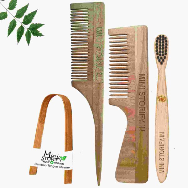 1.Neem.Handle.&.1.Tail Comb.1.Kids.bamboo.toothbrush1.Bamboo.tongue.cleaner