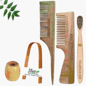 1 Neem Handle & 1 Tail Comb 1 Kids bamboo toothbrush1 Bamboo tongue cleaner1 Bamboo brush stand