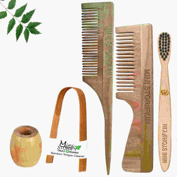 1.Neem.Handle.&.1.Tail.Comb.1.Kids.bamboo toothbrush1.Bamboo.tongue.cleaner1.Bamboo.brush.stand