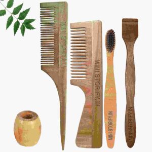 1 Neem Handle & 1 Tail Comb 1 Neem kids toothbrush1 Neem tongue Cleaner1 Bamboo brush stand