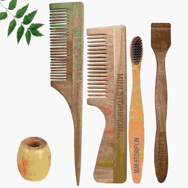 1.Neem.Handle.&.1.Tail.Comb.1.Neem.kids toothbrush1.Neem.tongue.Cleaner1.Bamboo.brush.stand