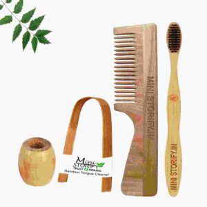 1 Neem Handle Comb 1 Adult bamboo toothbrush1 Bamboo tongue cleaner1 Bamboo brush stand