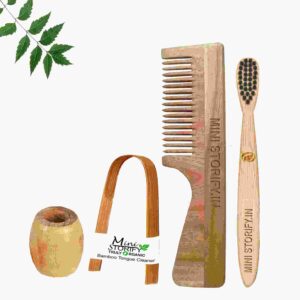 1 Neem Handle Comb 1 Kids bamboo toothbrush1 Bamboo tongue cleaner1 Bamboo brush stand