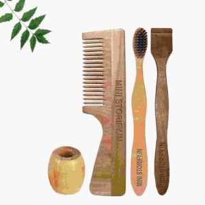 1 Neem Handle Comb 1 Neem adult toothbrush1 Neem tongue Cleaner1 Bamboo brush stand