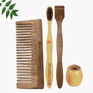 1 Neem Shampu Comb 1 Adult bamboo toothbrush1 Neem tongue Cleaner1 Bamboo brush stand