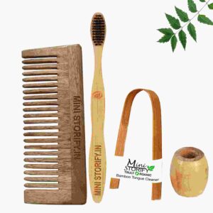 1 Neem Shampu Comb 1 Adult bamboo toothbrush 1 Bamboo tongue cleaner1 Bamboo brush stand