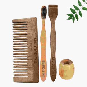 1 Neem Shampu Comb 1 Neem adult toothbrush1 Neem tongue Cleaner1 Bamboo brush stand