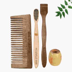 1 Neem Shampu Comb 1 Neem kids toothbrush1 Neem tongue Cleaner1 Bamboo brush stand