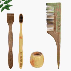 1 Neem Tail Comb 1 Adult bamboo toothbrush1 Neem tongue Cleaner1 Bamboo brush stand