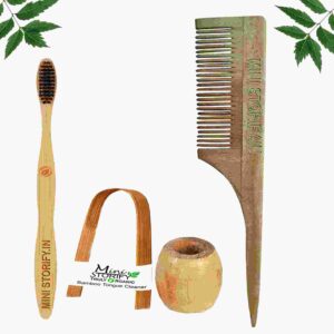 1 Neem Tail Comb 1 Adult bamboo toothbrush1 Bamboo tongue cleaner1 Bamboo brush stand