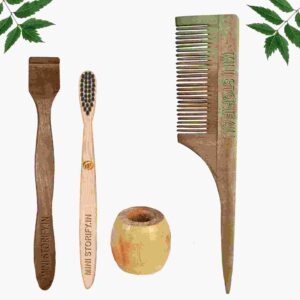 1 Neem Tail Comb 1 Kids bamboo toothbrush1 Neem tongue Cleaner1 Bamboo brush stand
