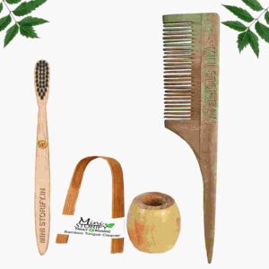 1 Neem Tail Comb 1 Kids bamboo toothbrush1 Bamboo tongue cleaner1 Bamboo brush stand